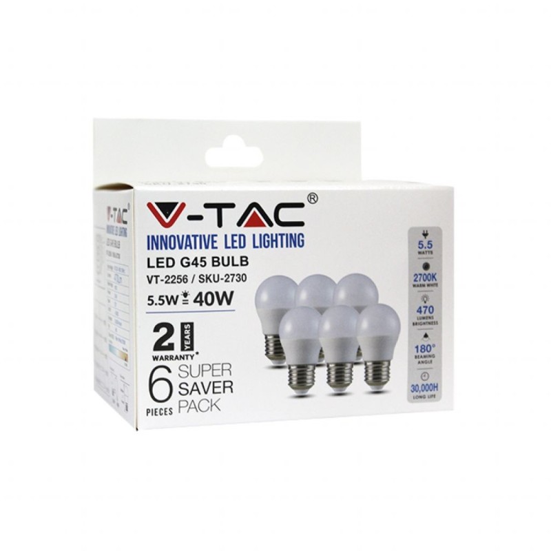 Lampadina LED E27 5,5W G45 2700K (Box 6 pezzi)