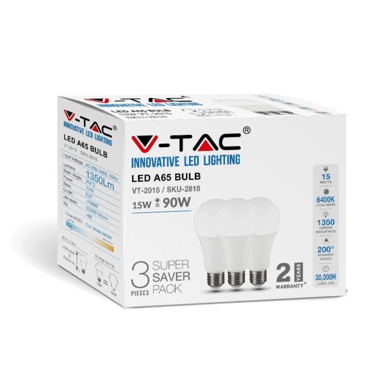 Lampadina LED E27 15W A65 6400K (Box 3 pezzi)