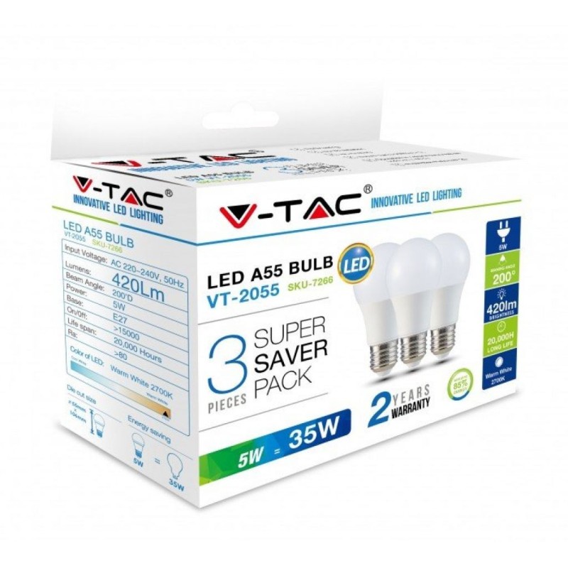 Lampadina LED E27 5W A55 2700K (Box 3 pezzi)
