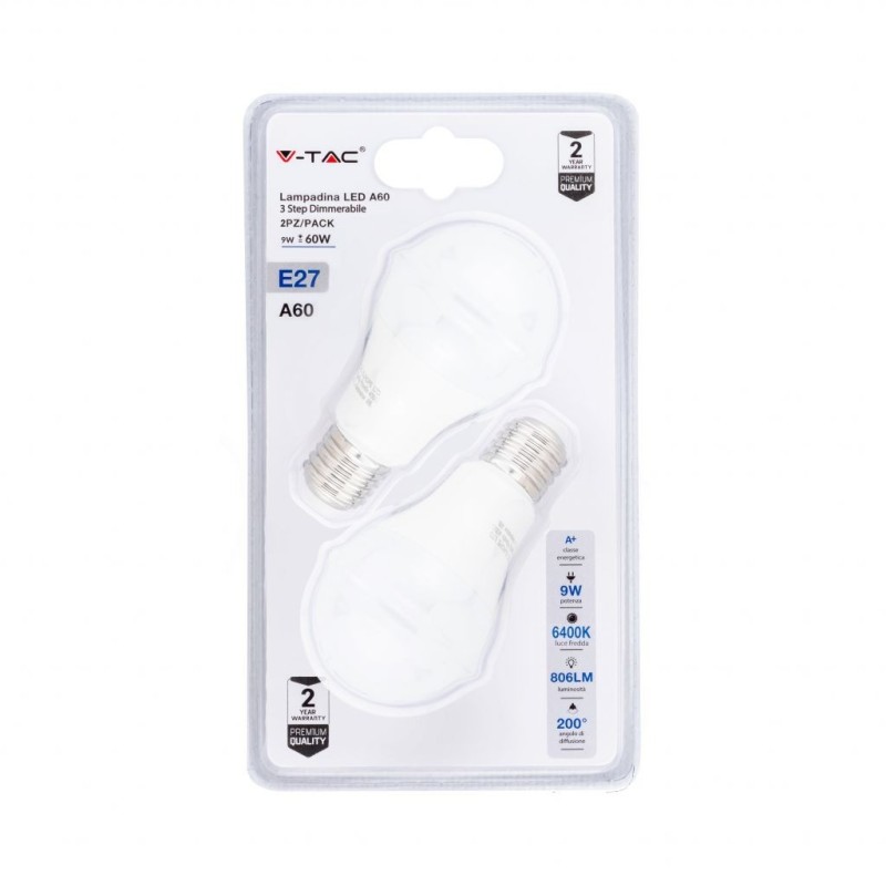 Lampadina LED E27 9W A60 3 Step Dimmerabile 6400K (Blister 2 Pezzi)