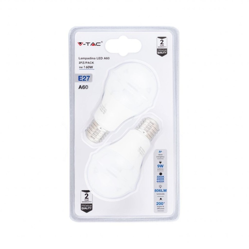 Lampadina LED E27 9W A60 3 in 1 (3000K+4000K+6400K) (Blister 2 Pezzi)