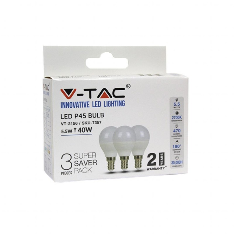 Lampadina LED E14 5,5W P45 2700K (Box 3 Pezzi)