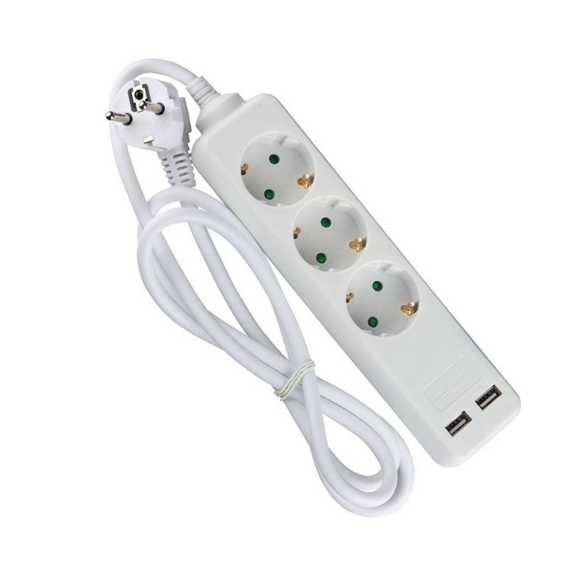Multipresa con Cavo 1,5mt 3 Prese 10A 2P + Shuko 2 USB e Interruttore Luminoso Spina Shuko