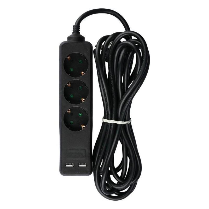 Multipresa con Cavo 5mt 3 Prese 10A 2P + Shuko 2 USB e Interruttore Luminoso Spina Shuko