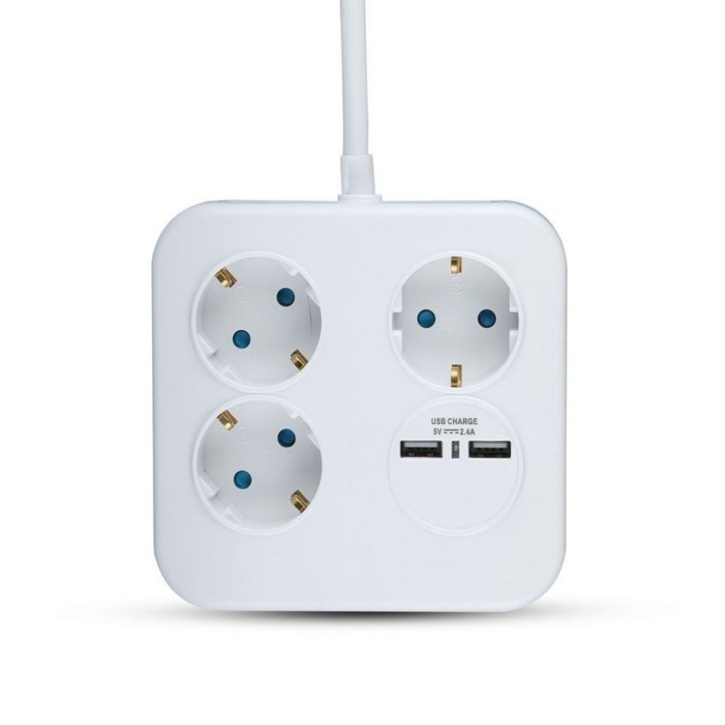 Multipresa Quadrata con Cavo 1,4 mt 3 Prese Shuko e 2 USB e Spina Shuko