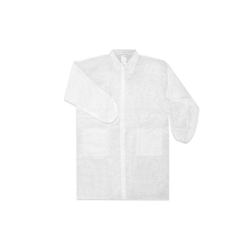 Camice da laboratorio in SMS da 30 gr./m2, con colletto e chiusura anteriore con velcro. Colore bianco