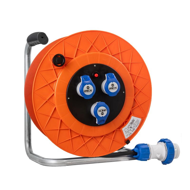 Avvolgicavo industriale Golia 30m IP44 con 3 prese CEE 16A e spina CEE