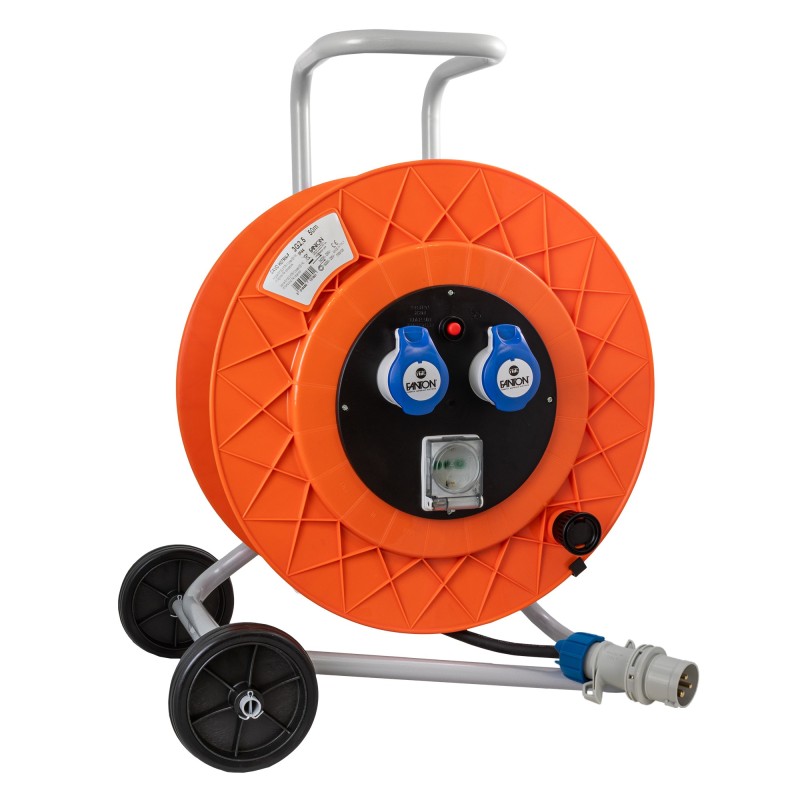 Avvolgicavo carrellato 50m IP44 con 2 prese CEE 16A e 1 presa Bipasso P40