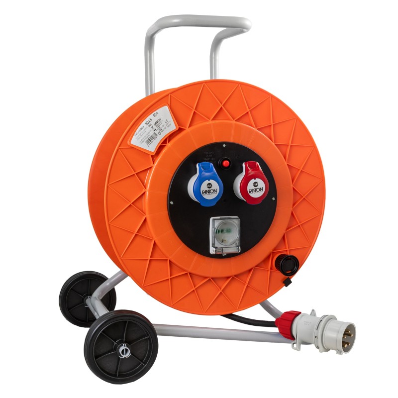 Avvolgicavo carrellato 50m IP44 con 2 prese CEE 16A e 1 presa Bipasso P40