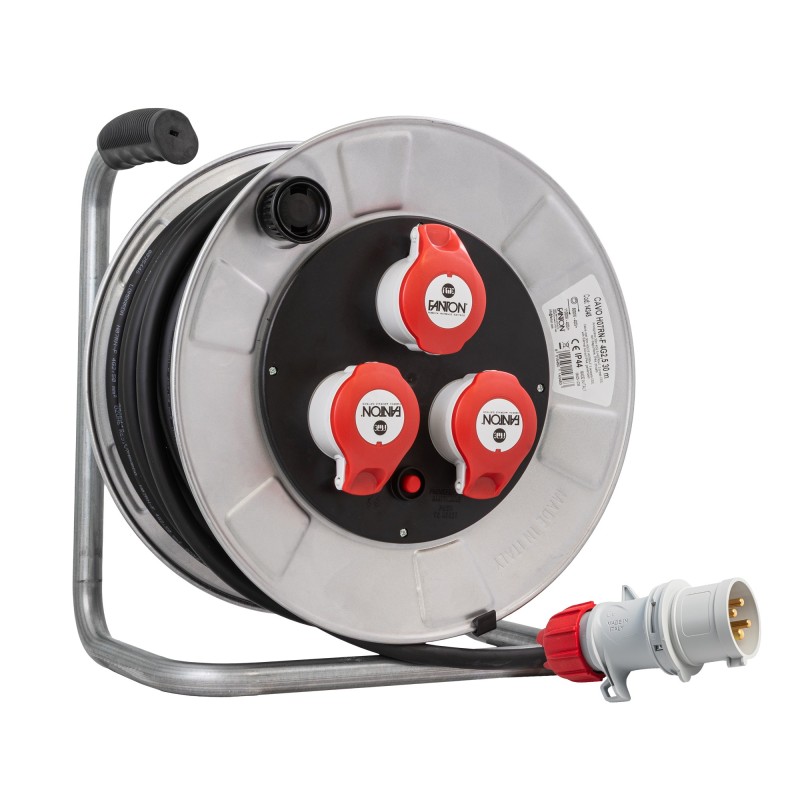 Avvolgicavo Metal Golia 30m con 3 prese CEE 3P+T 16A e spina CEE