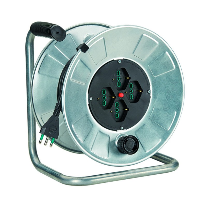 Avvolgicavo Metal Golia 25m con 4 prese Bipasso P40 e spina 16A