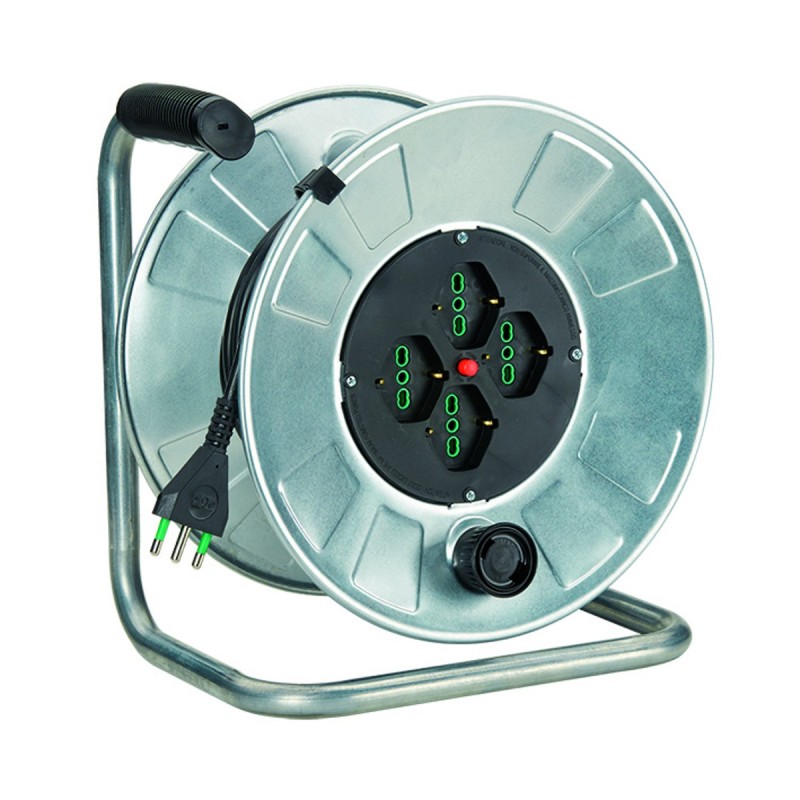Avvolgicavo Metal Golia 50m con 4 prese Bipasso P40 e spina 16A