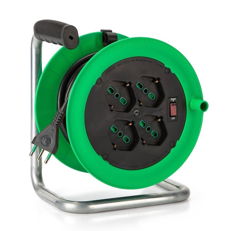 Avvolgicavo Zeus 10m con 4 prese Bipasso P40, interruttore e spina 10A