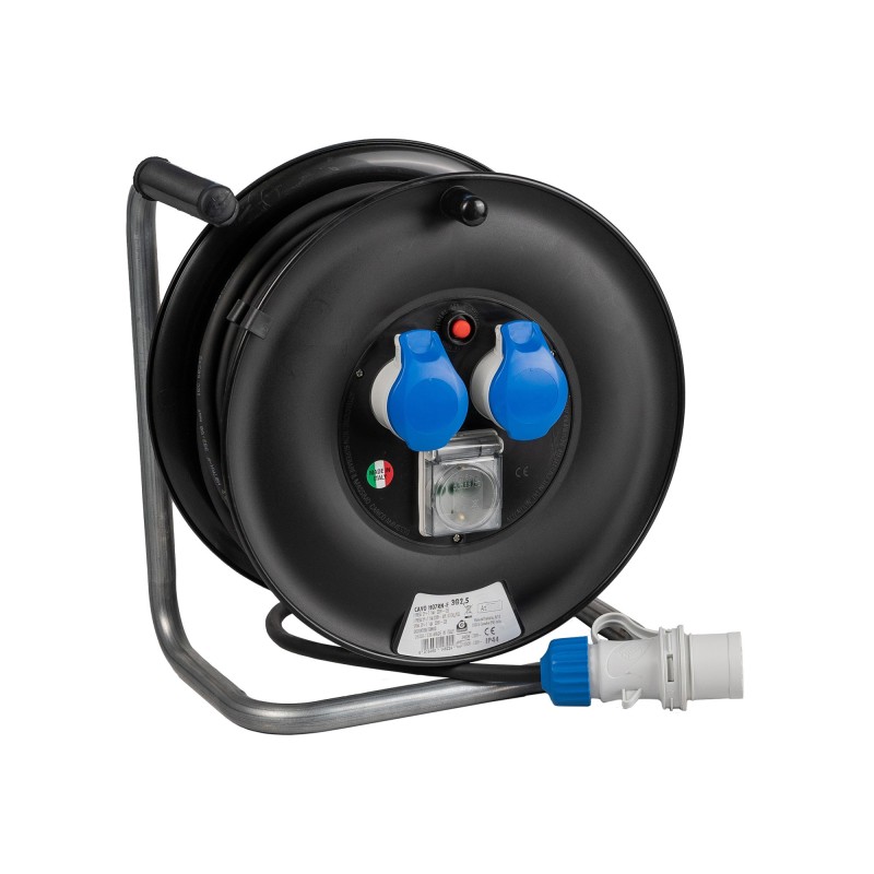 Avvolgicavo 50m IP44 con 2 prese CEE 16A e 1 presa Bipasso P40