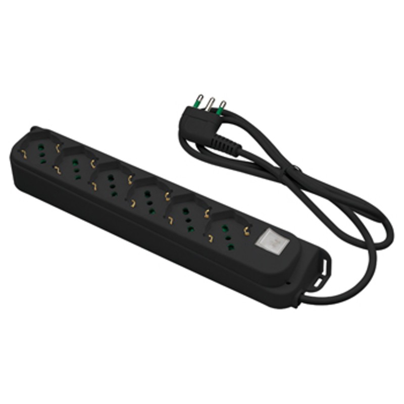 Multipresa lineare 6 uscite P40 con interruttore e spina 16A nera