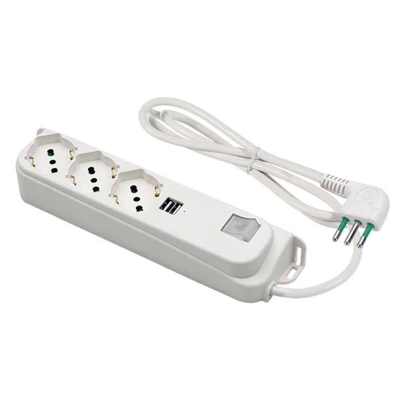 Multipresa 3 uscite P40, 2 USB, interruttore e spina 10A bianca