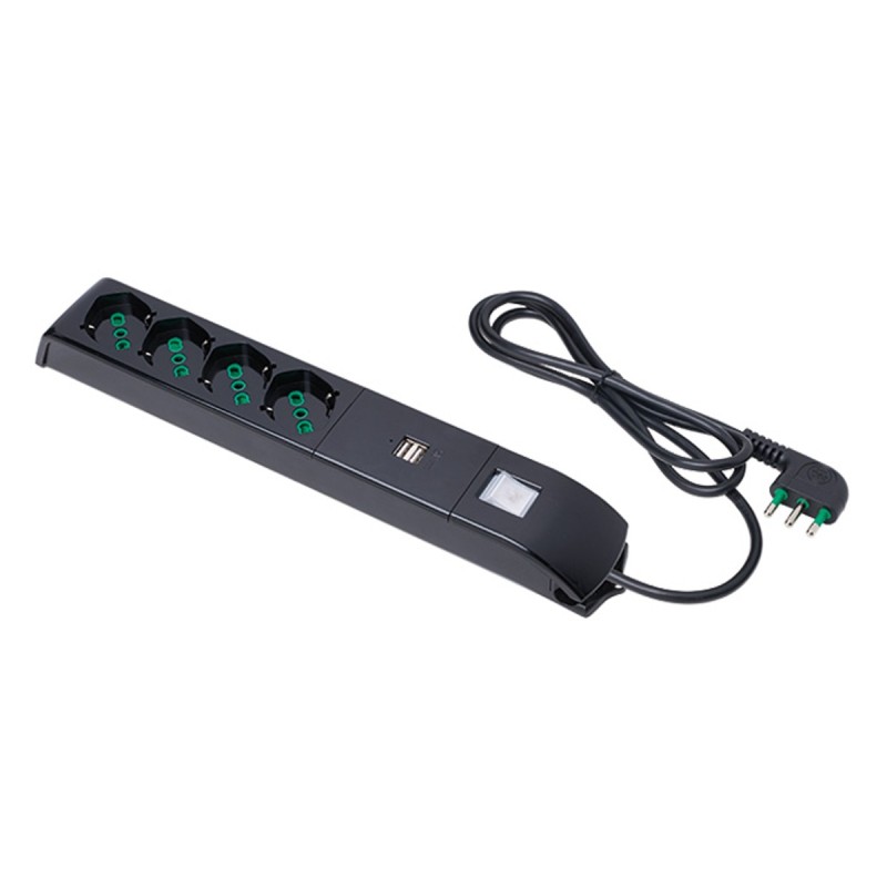 Multipresa Fido Bipasso 4 uscite P40 nera con cavo 1,5m, 2 USB 3A e interruttore