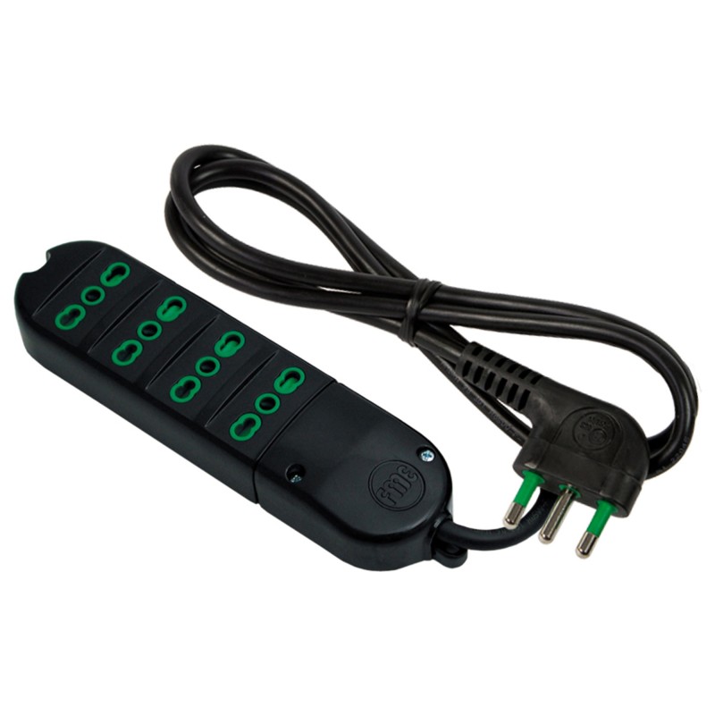 Multipresa Fido Bipasso 4 uscite 16A nera con cavo 1,5m e spina 16A