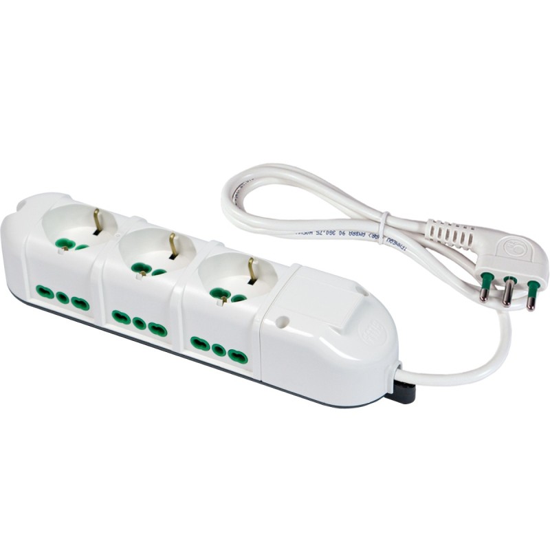 Multipresa Triax 9 uscite (3 frontali P40 + 6 lat. Bipasso) bianca con cavo 1,5m