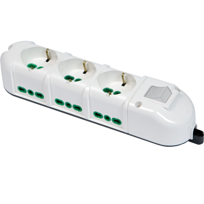Multipresa Triax 9 uscite (3 frontali P40 + 6 lat. Bipasso) bianca con interruttore senza cavo