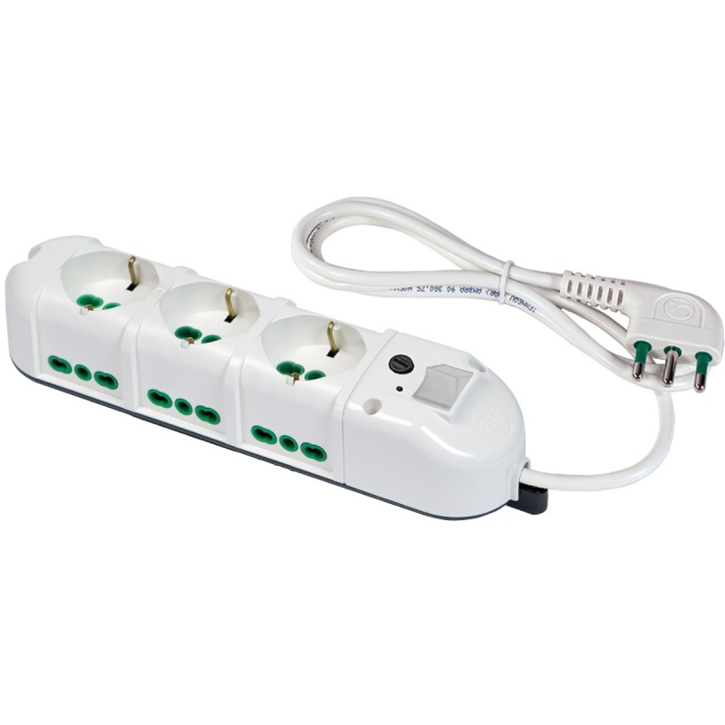 Multipresa Triax 9 uscite (3 frontali P40 + 6 lat. Bipasso) bianca con cavo 1,5m, interruttore e protezione sovratensioni