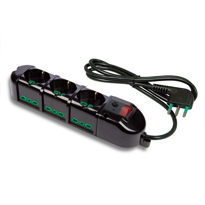 Multipresa Triax 9 uscite (3 frontali P40 + 6 lat. Bipasso) nera con cavo 1,5m, interruttore e protezione sovratensioni