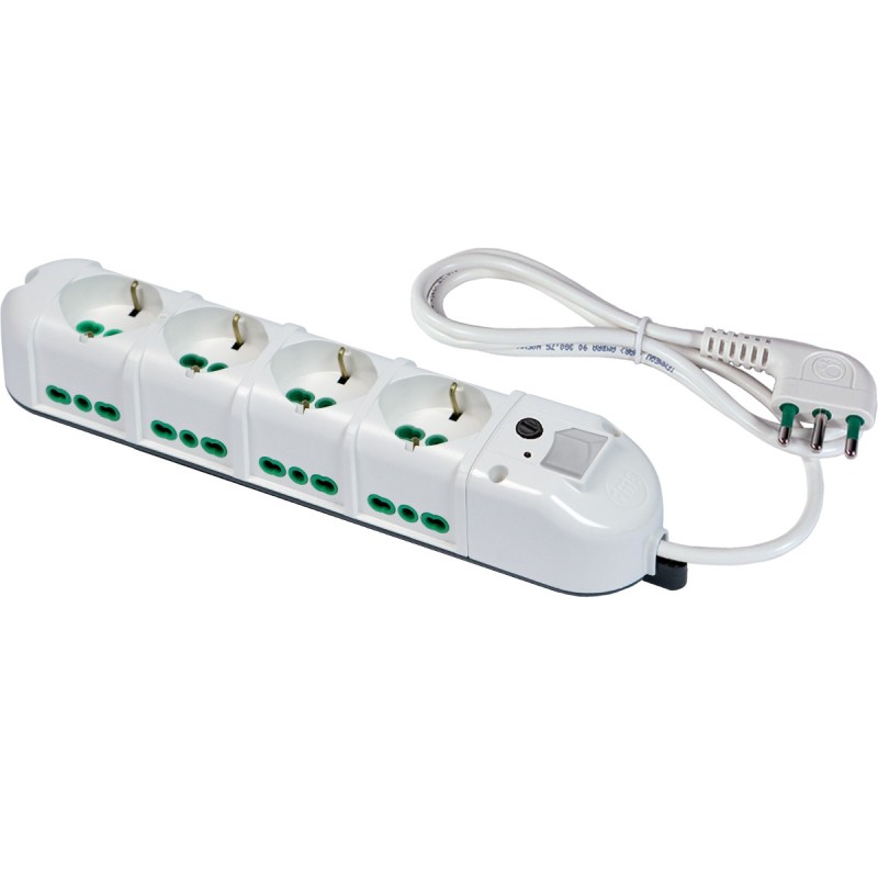 Multipresa Triax 12 uscite (4 frontali P40 + 8 lat. Bipasso) bianca con cavo 1,5m, interruttore e protezione sovratensioni
