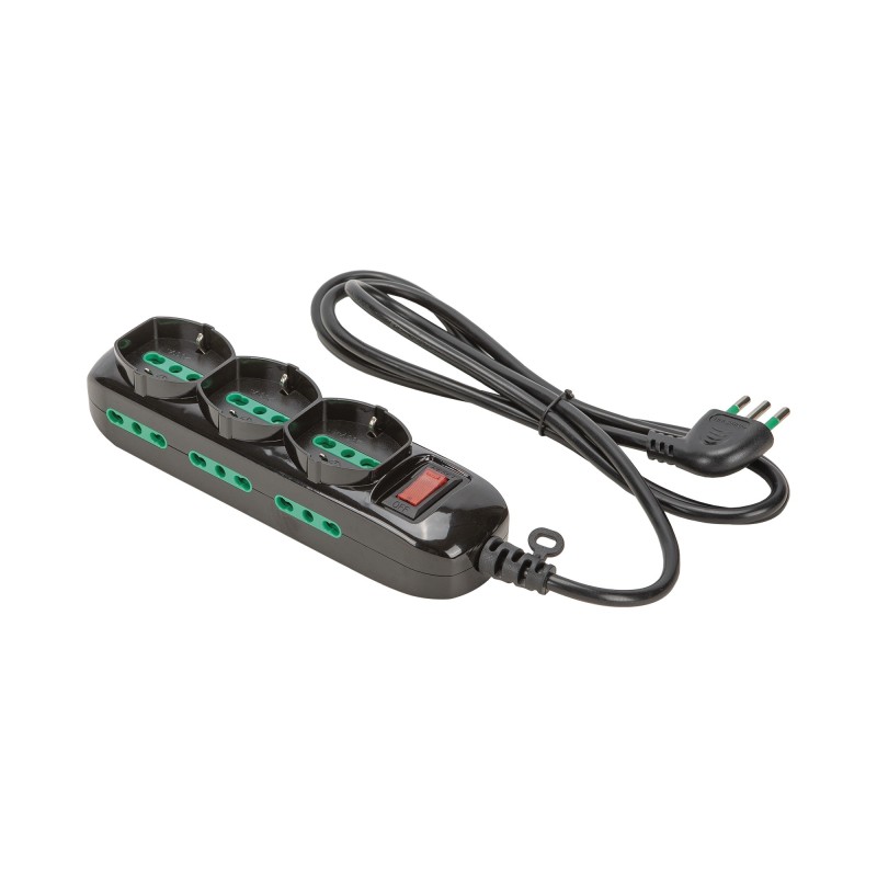 Multipresa Relife 9 uscite mix (3 P40 + 6 Bipasso) nera con cavo 1,5m, spina 10A e interruttore di sicurezza