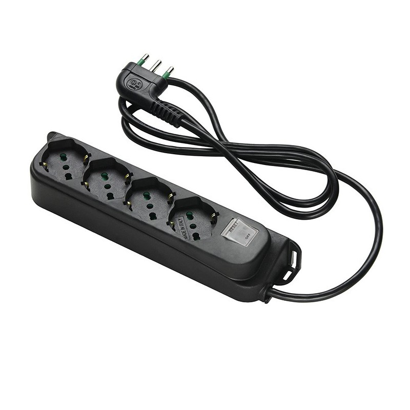 Multipresa Relife 4 uscite Bipasso P40 nera con cavo 1,5m, interruttore di sicurezza e spina 10A