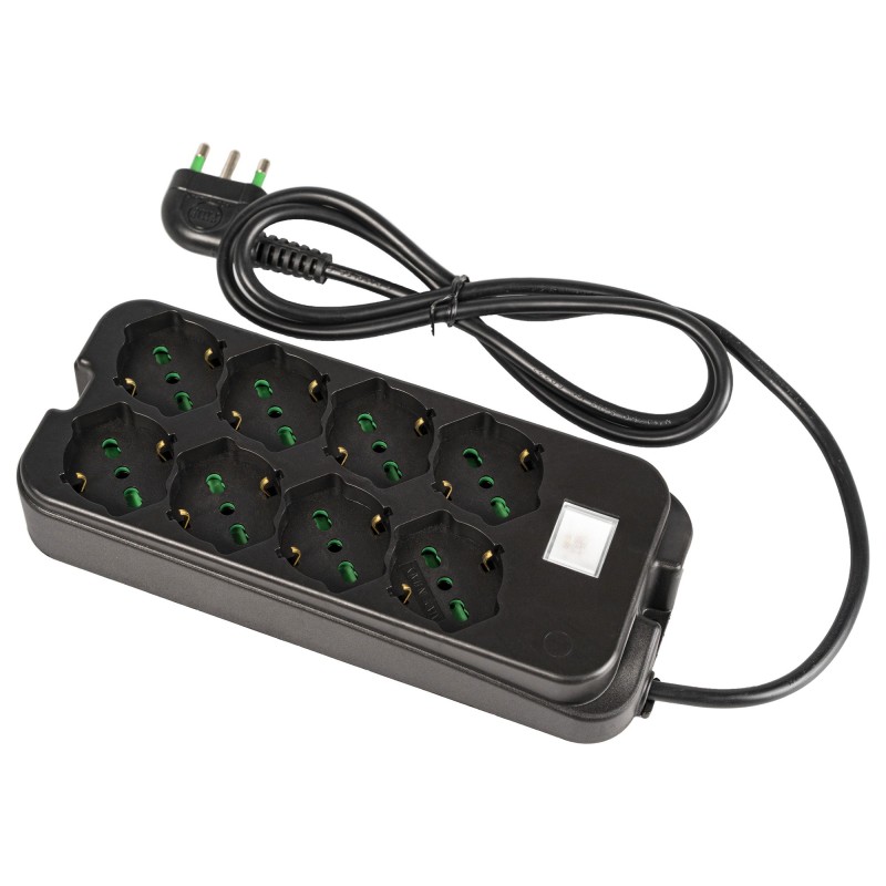 Multipresa Relife speciale 8 uscite (4+4) P40 nera con cavo 1,5m, interruttore e spina 16A