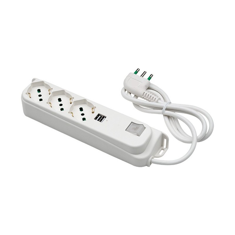 Multipresa Relife 3 uscite Bipasso P40, 2 USB 3A, cavo 1,5m, interruttore e spina 16A