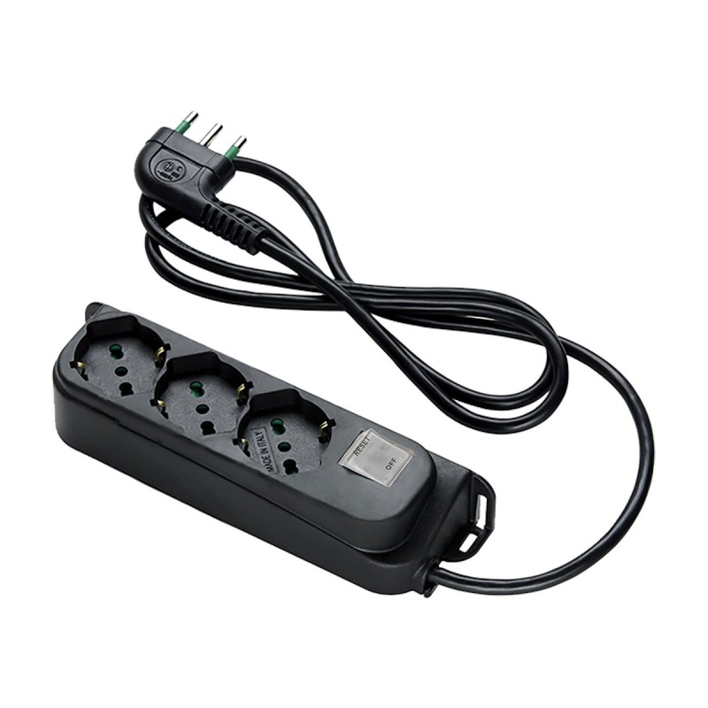 Multipresa Relife 3 uscite Bipasso P40 nera con cavo 1,5m, interruttore di sicurezza e spina 10A
