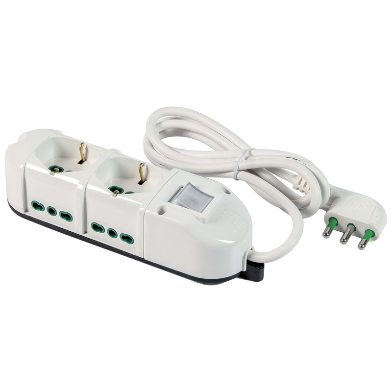 Multipresa Antibatterica 6 uscite mix (2 P40 + 4 Bipasso) con cavo 1,5m, interruttore e spina 16A