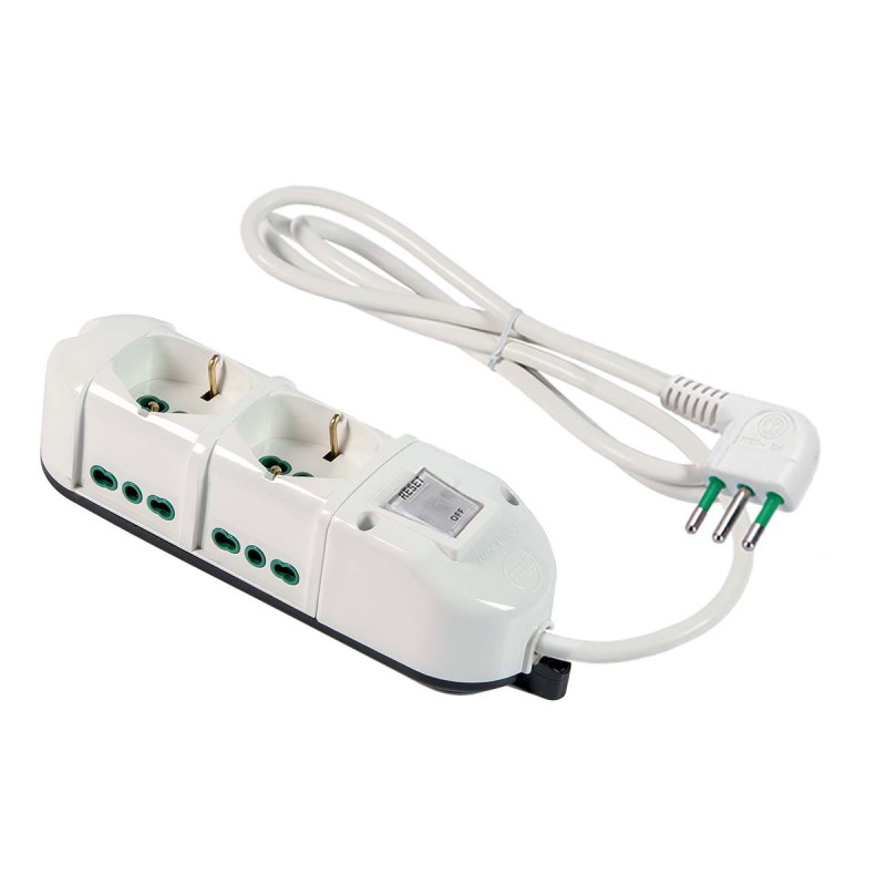 Multipresa Antibatterica 6 uscite mix (2 P40 + 4 Bipasso) con cavo 1,5m, spina 10A e interruttore di sicurezza