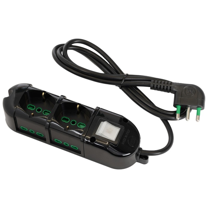 Multipresa Antibatterica 6 uscite mix (2 P40 + 4 Bipasso) nera con cavo 1,5m, spina 10A e interruttore di sicurezza