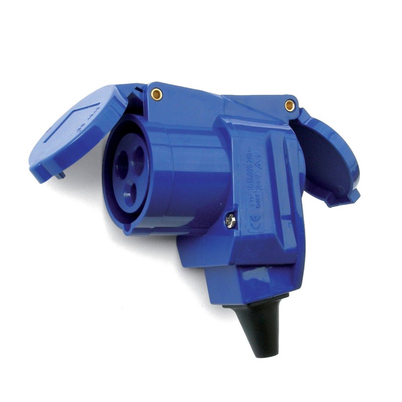 Adattatore caravan IP44 con spina CEE e presa tedesca.
