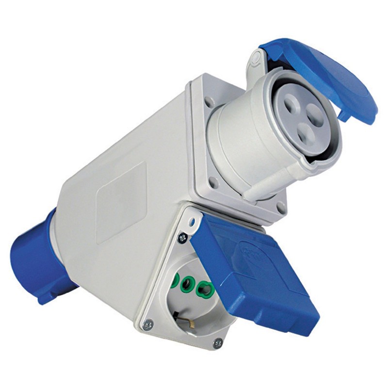 Adattatore doppio spina CEE a 1 presa CEE e 1 Bipasso P40.