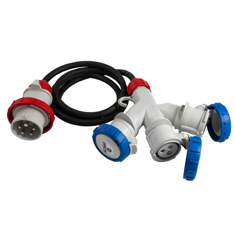 Adattatore triplo spina CEE 5P a 3 prese CEE 3P con cavo 2m.