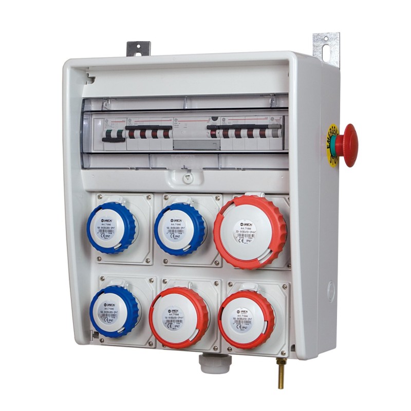 Quadro Ulisse 350 ASC IP65 con 6 prese CEE interbloccate, emergenza e morsettiera (18kW)