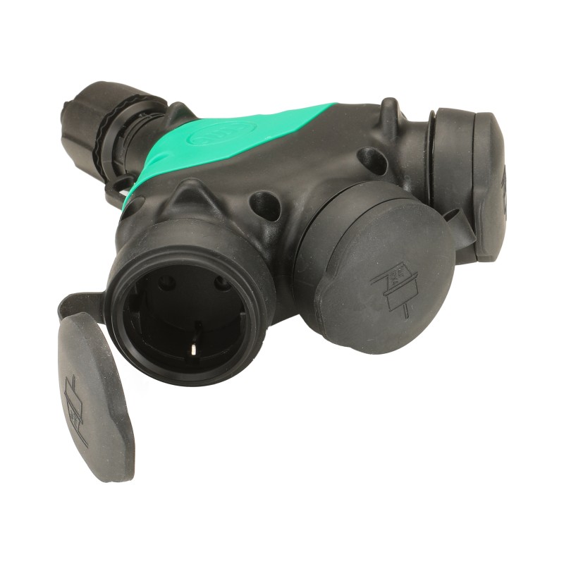 Connettore triplo Schuko HI-PRO IP44 con coperchio in gomma nera