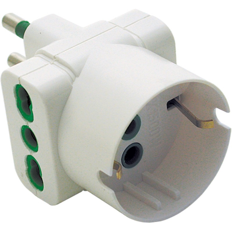 Adattatore triplo spina 16A a 2 Bipasso + 1 Schuko bianca (Blister)