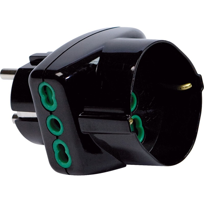 Adattatore triplo Vertical System con spina franco/tedesca e 3 prese Bipasso (di cui una P40) nero.
