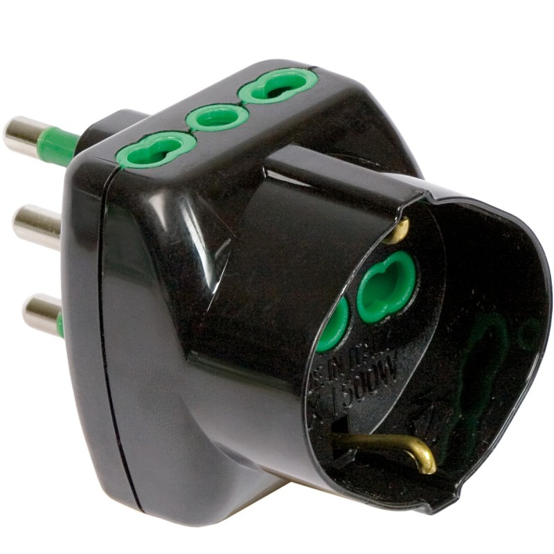Adattatore triplo Vertical System con spina 16A (S17) e 3 prese Bipasso (di cui una P40) nero.