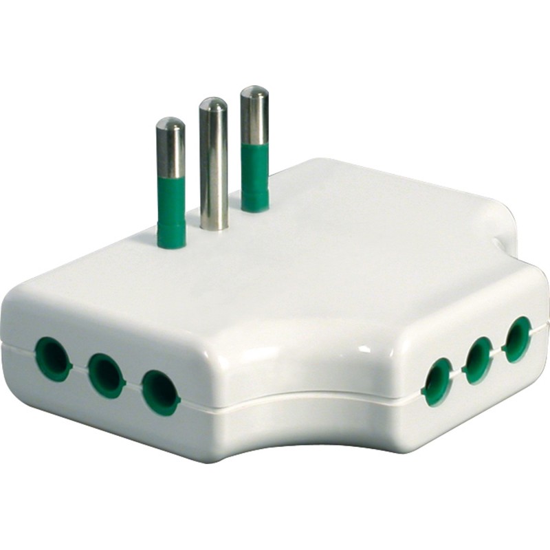 Adattatore triplo piatto con 3 prese 10A e spina 10A (S11).