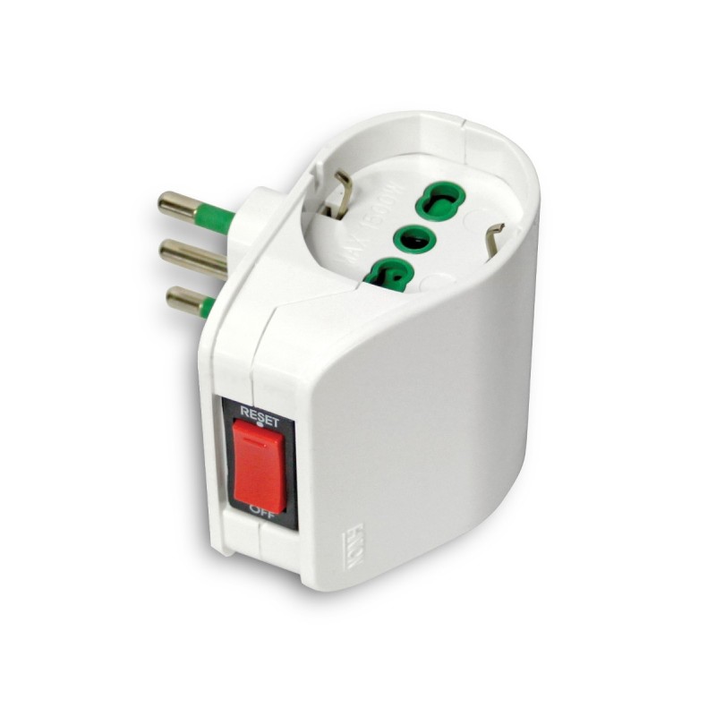 Adattatore doppio con spina 10A (S11) e 2 prese Bipasso P40 con interruttore di sicurezza.