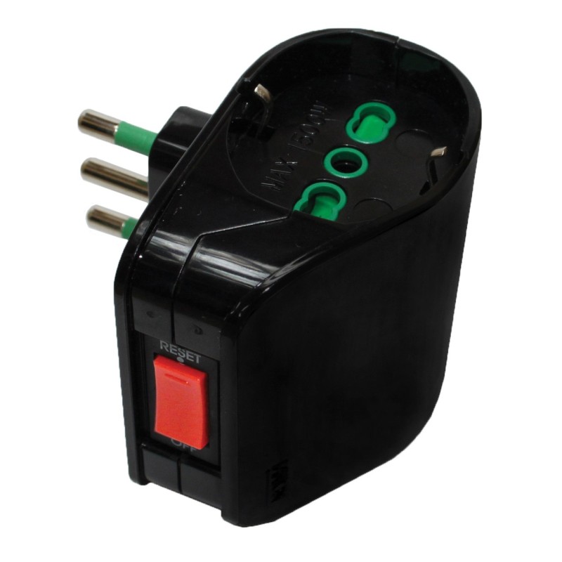 Adattatore doppio con spina 10A (S11) e 2 prese Bipasso P40 con interruttore di sicurezza nero.