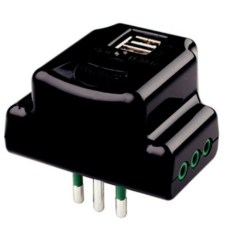Adattatore triplo piatto con 3 prese 10A, 2 prese USB 3A e spina 10A nero.