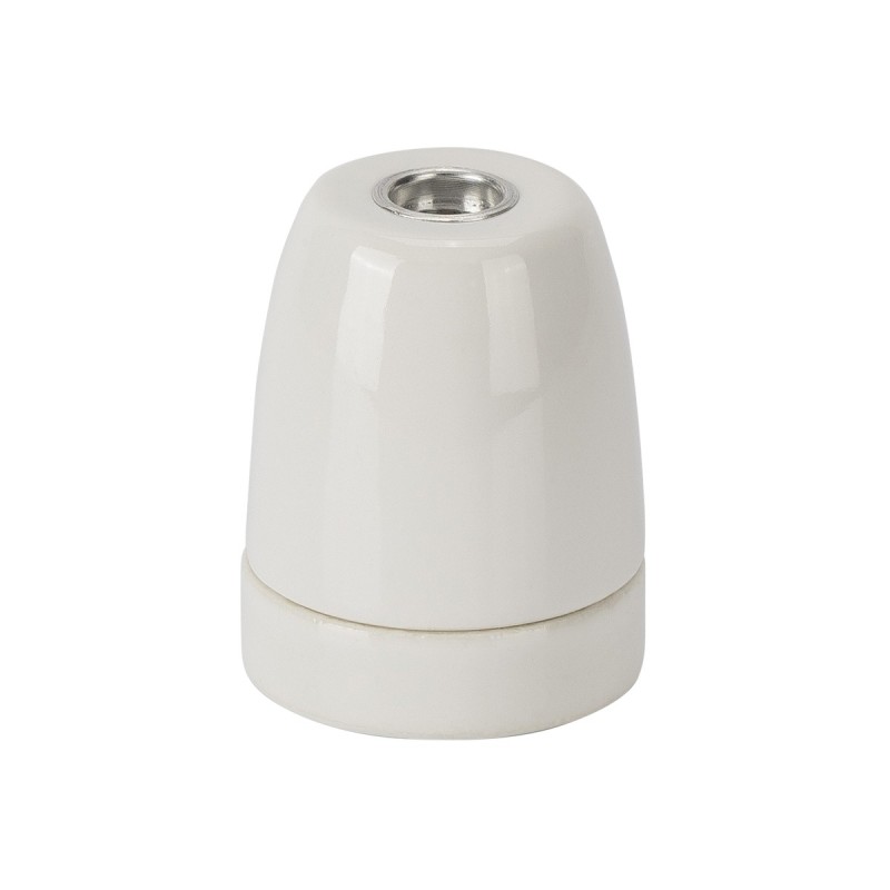 Portalampada E27 in ceramica con ghiera e blocca cavo bianco.