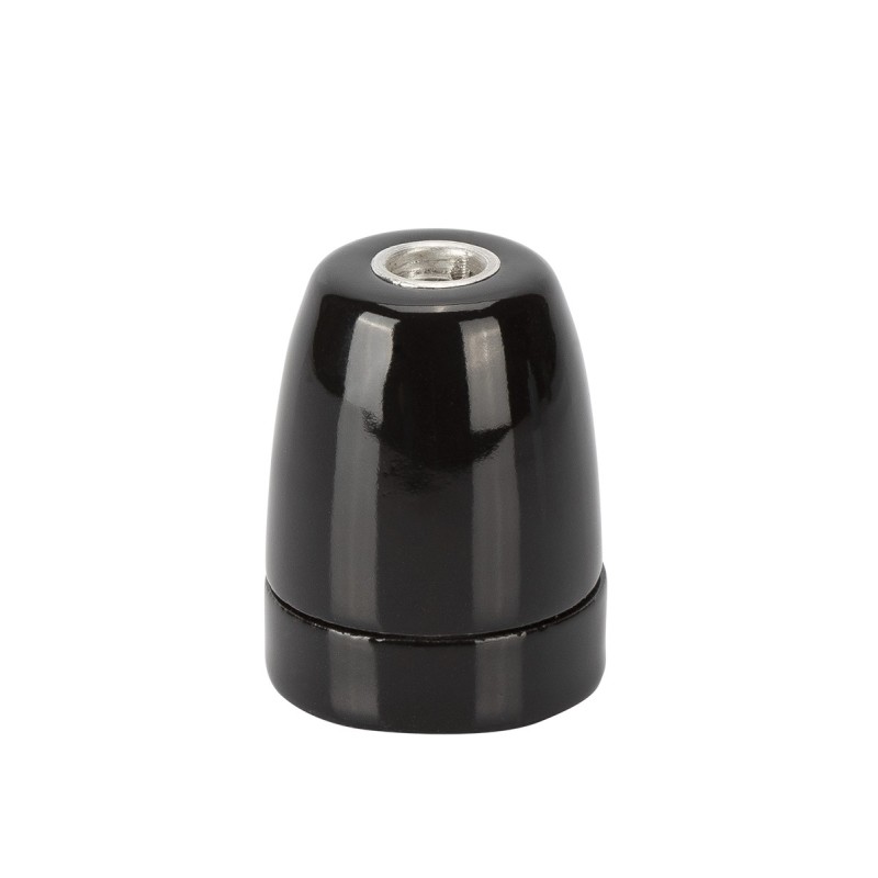 Portalampada E27 in ceramica con ghiera e blocca cavo nero.