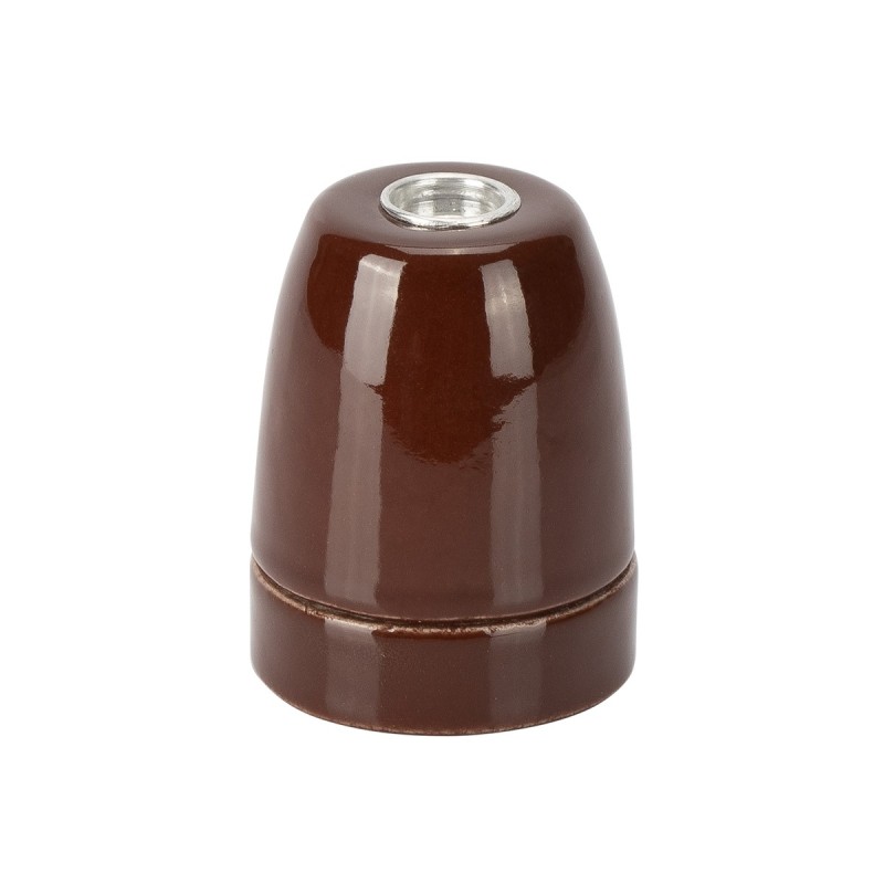 Portalampada E27 in ceramica con ghiera e blocca cavo marrone.